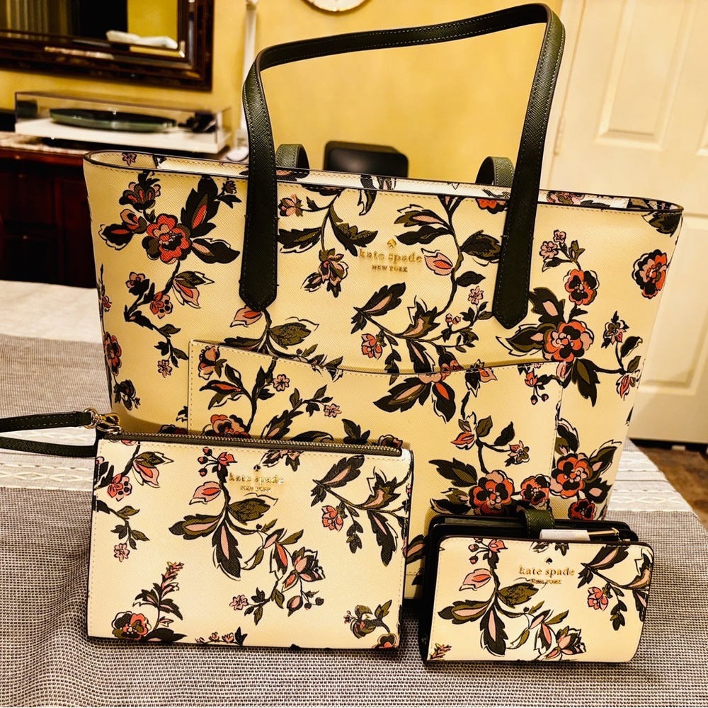 Kate Spade Floral Tote Set - Black and Cream